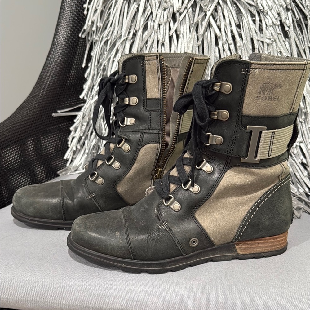 Sorel Black and Green Combat Moto Boots